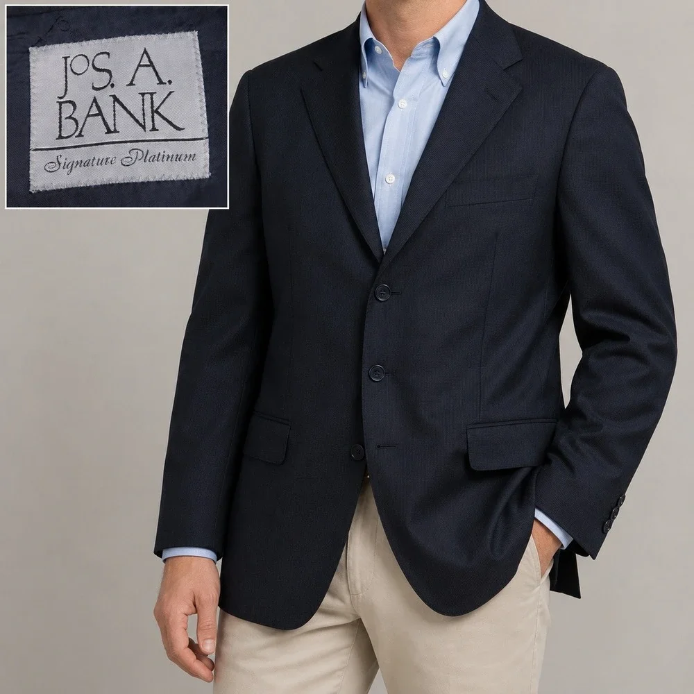 Jos A Bank Blazer Mens 38R Navy Signature Platinum Wool Italy Business Classic
